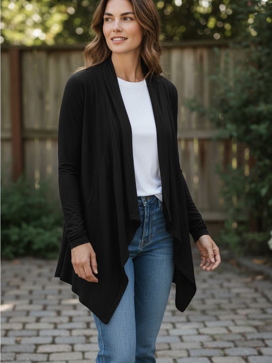 Sport Collection Sweaters - Sport Collection Black Open-Front Draped Cardigan L